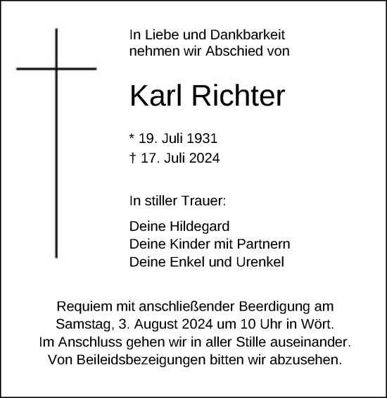 Traueranzeige von Karl Richter von Schwäbische Post