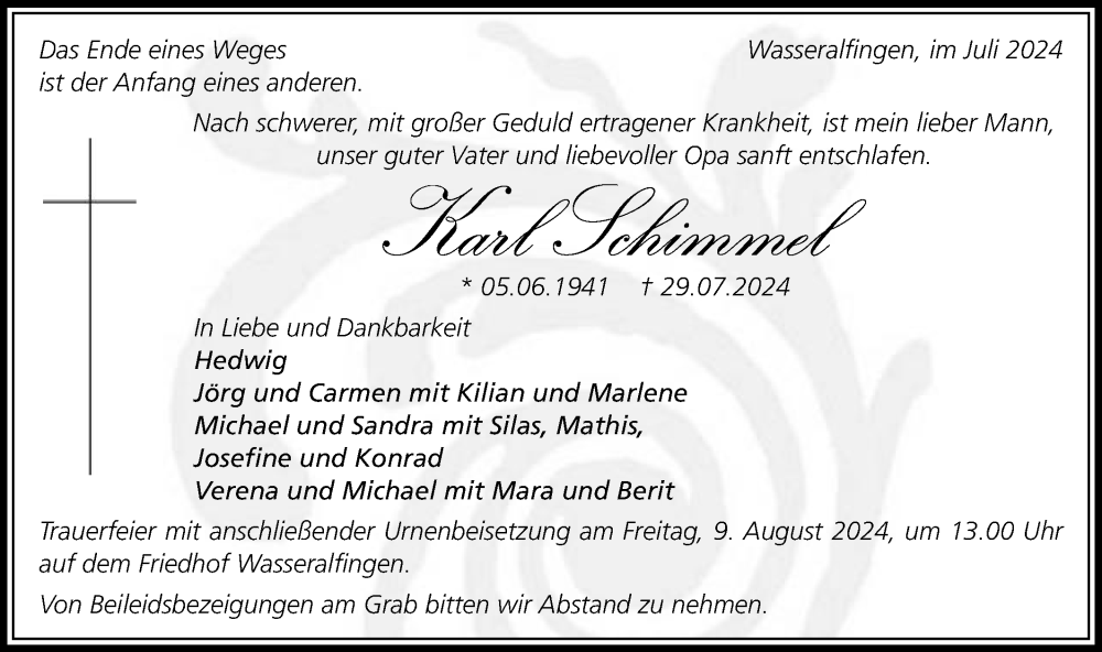  Traueranzeige für Karl Schimmel vom 06.08.2024 aus Schwäbische Post