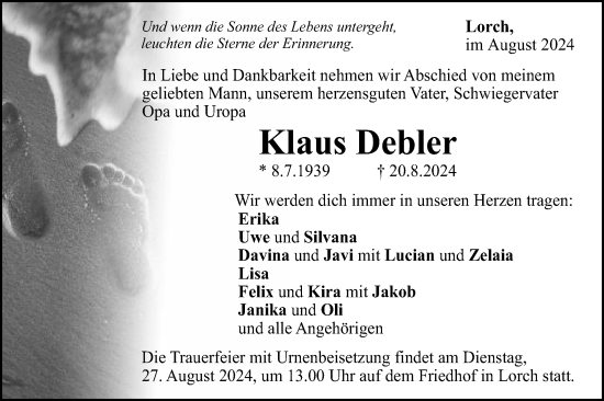 Traueranzeige von Klaus Debler von Gmünder Tagespost