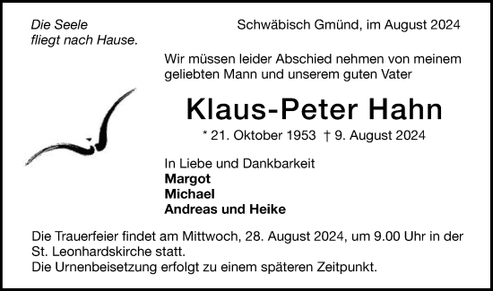 Traueranzeige von Klaus-Peter Hahn von Gmünder Tagespost