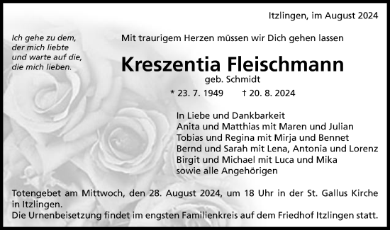 Traueranzeige von Kreszentia Fleischmann von Schwäbische Post