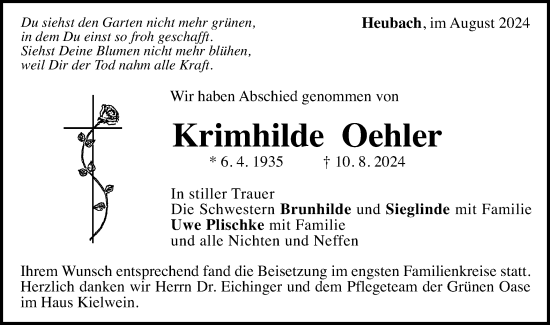 Traueranzeige von Krimhilde Oehler von Gmünder Tagespost