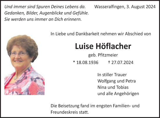 Traueranzeige von Luise Höflacher von Schwäbische Post