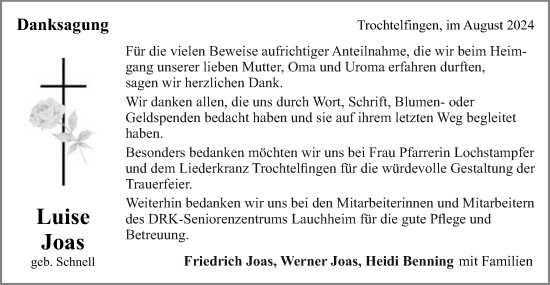 Traueranzeige von Luise Joas von Schwäbische Post
