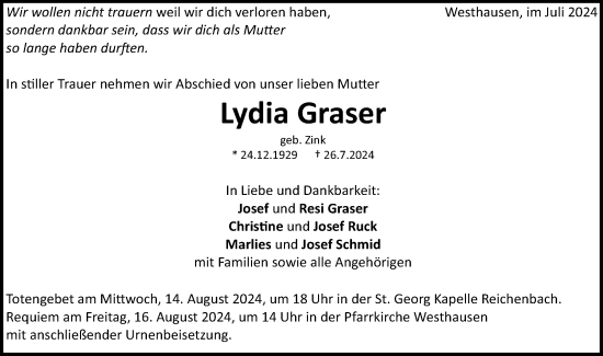 Traueranzeige von Lydia Graser von Schwäbische Post