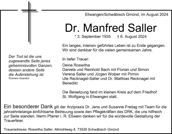 Traueranzeige von Manfred Saller von Schwäbische Post