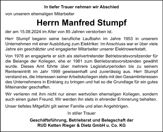 Traueranzeige von Manfred Stumpf von Schwäbische Post
