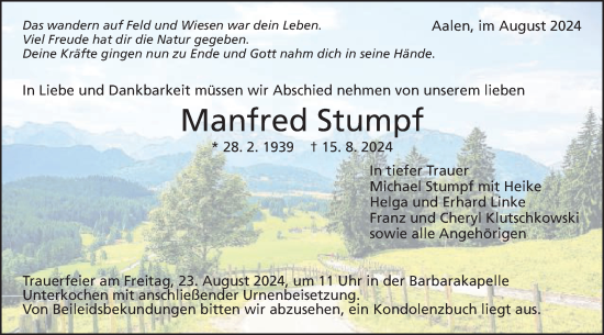 Traueranzeige von Manfred Stumpf von Schwäbische Post