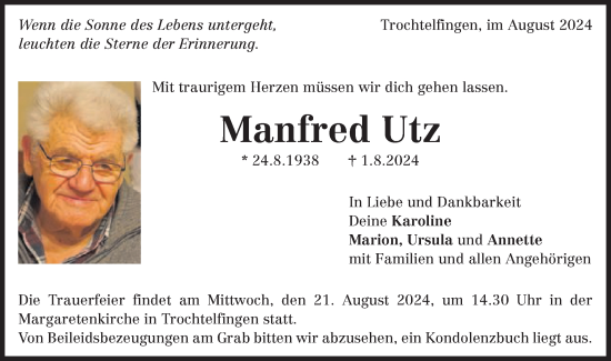 Traueranzeige von Manfred Utz von Schwäbische Post