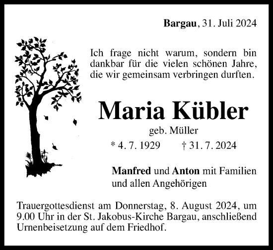 Traueranzeige von Maria Kübler von Gmünder Tagespost