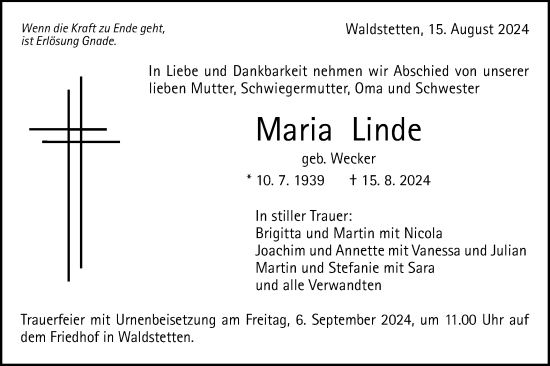 Traueranzeige von Maria Linde von Gmünder Tagespost