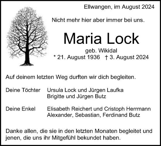 Traueranzeige von Maria Lock von Schwäbische Post