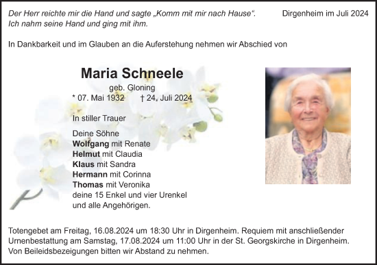 Traueranzeige von Maria Schneele von Schwäbische Post
