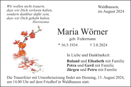 Traueranzeige von Maria Wörner von Gmünder Tagespost