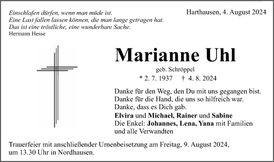 Traueranzeige von Marianne Uhl von Schwäbische Post