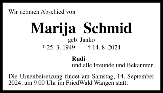 Traueranzeige von Marija Schmid von Gmünder Tagespost