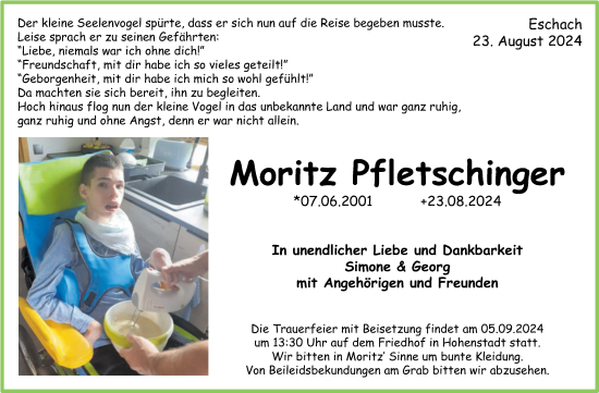 Traueranzeige von Moritz Pfletschinger von Schwäbische Post