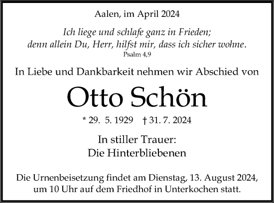 Traueranzeige von Otto Schön von Schwäbische Post