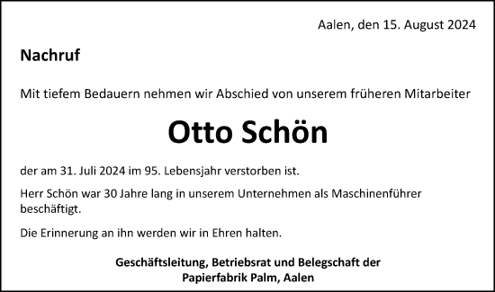 Traueranzeige von Otto Schön von Schwäbische Post