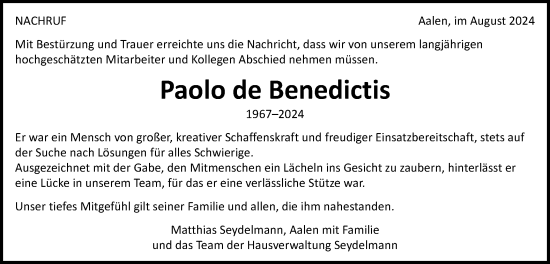 Traueranzeige von Paolo De Benedictis von Schwäbische Post