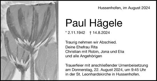 Traueranzeige von Paul Hägele von Gmünder Tagespost