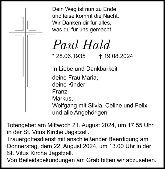 Traueranzeige von Paul Hald von Schwäbische Post