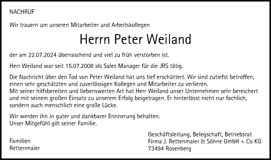 Traueranzeige von Peter Weiland von Schwäbische Post