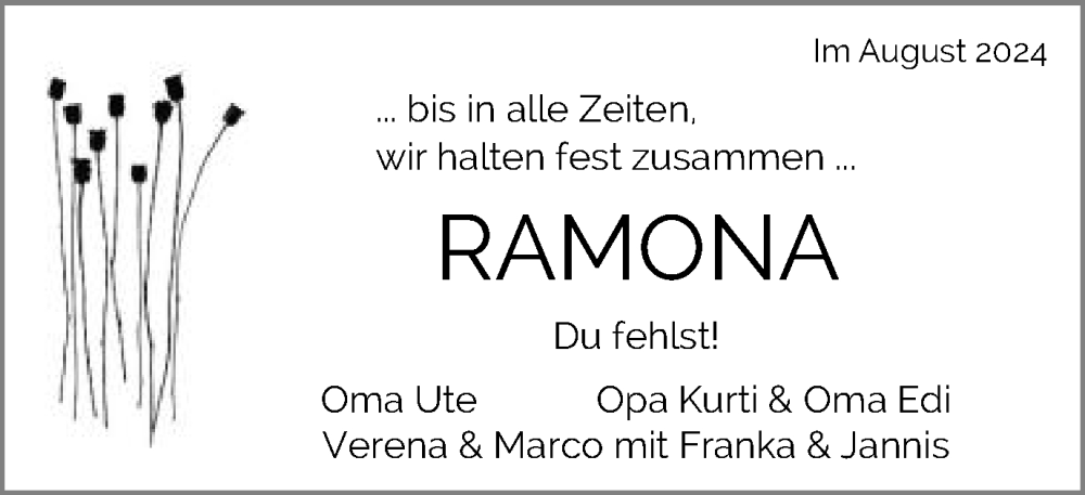  Traueranzeige für Ramona  Lohner  vom 16.08.2024 aus Schwäbische Post