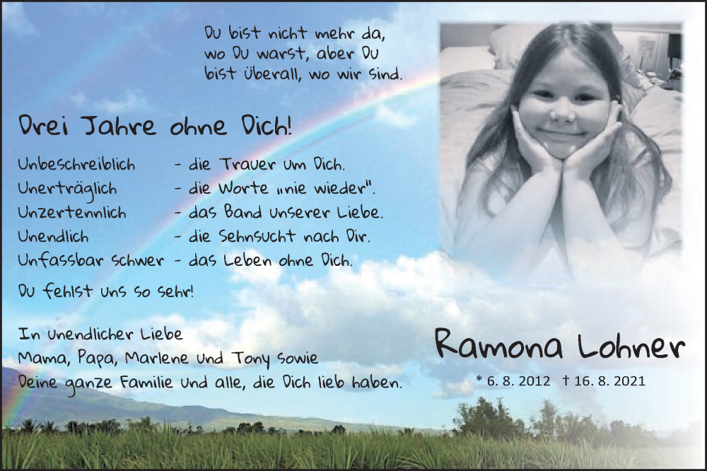  Traueranzeige für Ramona  Lohner  vom 16.08.2024 aus Schwäbische Post