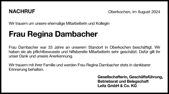 Traueranzeige von Regina Dambacher von Schwäbische Post