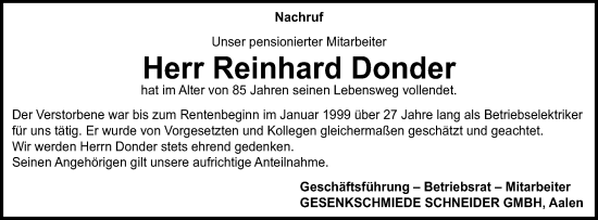 Traueranzeige von Reinhard Donder von Schwäbische Post