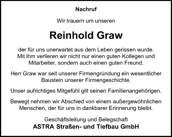 Traueranzeige von Reinhold Graw von Schwäbische Post