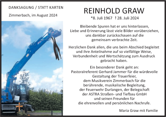 Traueranzeige von Reinhold Graw von Gmünder Tagespost