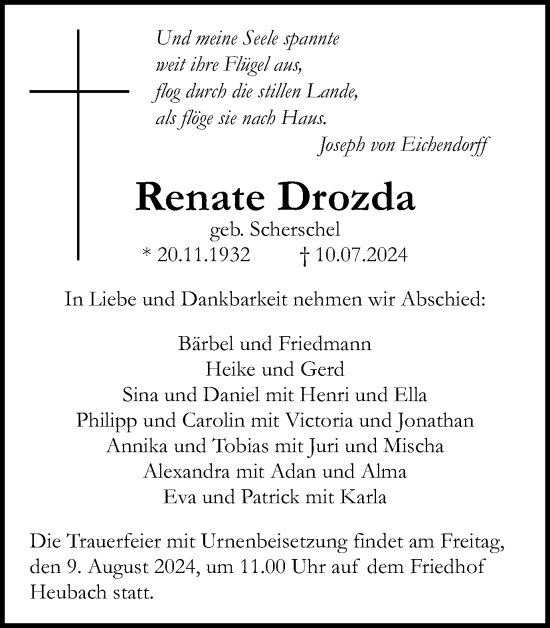 Traueranzeige von Renate Drozda von Gmünder Tagespost