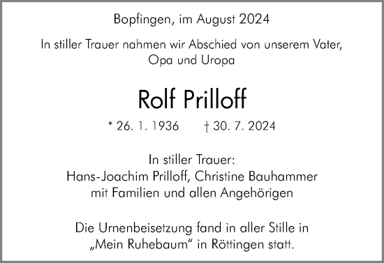 Traueranzeige von Rolf Prilloff von Schwäbische Post