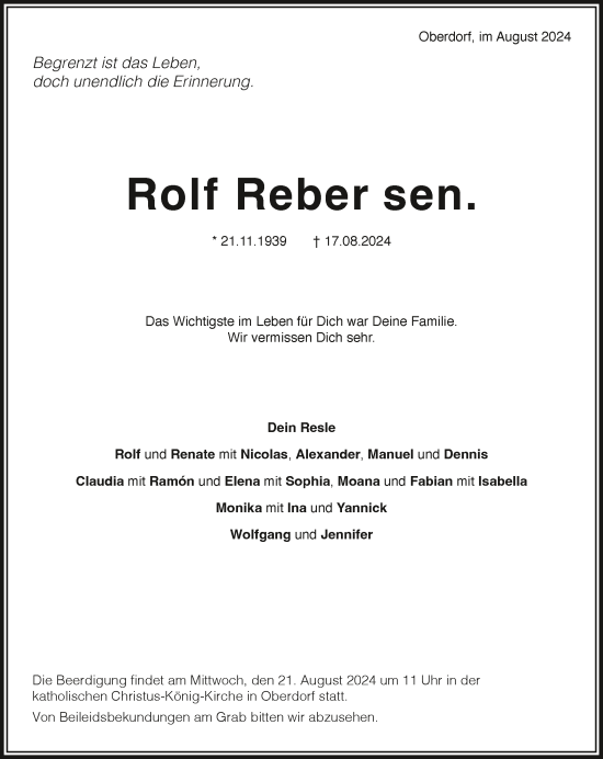 Traueranzeige von Rolf Reber von Schwäbische Post