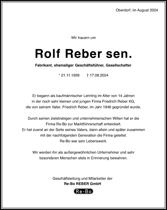 Traueranzeige von Rolf Reber von Schwäbische Post