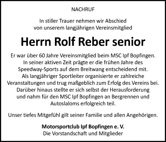 Traueranzeige von Rolf Reber von Schwäbische Post