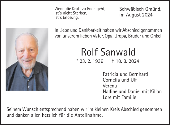 Traueranzeige von Rolf Sanwald von Gmünder Tagespost