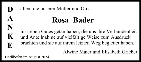 Traueranzeige von Rosa Bader von Gmünder Tagespost
