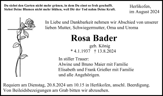Traueranzeige von Rosa Bader von Gmünder Tagespost