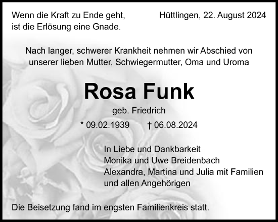 Traueranzeige von Rosa Funk von Schwäbische Post