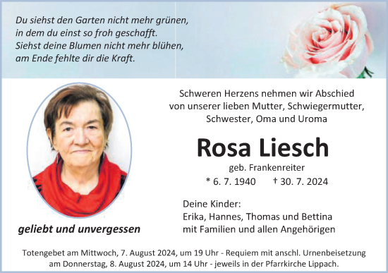 Traueranzeige von Rosa Liesch von Schwäbische Post