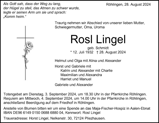 Traueranzeige von Rosl Lingel von Schwäbische Post