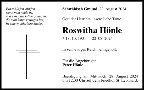Traueranzeige von Roswitha Hönle von Gmünder Tagespost