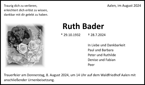Traueranzeige von Ruth Bader von Schwäbische Post