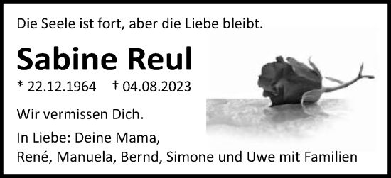 Traueranzeige von Sabine Reul von Schwäbische Post