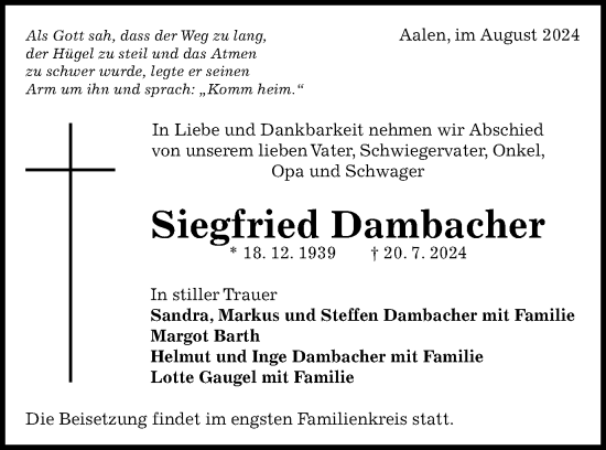 Traueranzeige von Siegfried Dambacher von Schwäbische Post