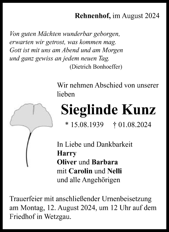 Traueranzeige von Sieglinde Kunz von Gmünder Tagespost