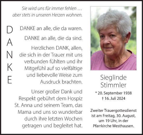 Traueranzeige von Sieglinde Stimmler von Schwäbische Post